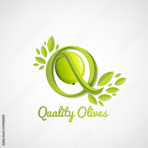 Green olives and leaves in vector.