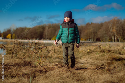 6 year old caucasian boy wearing warm jacket and knit beanie waling along overgrown shore of finland gulf in Russia holding a stick in hand squinting into the sun, on sunny autumn day  © Yulia Raneva