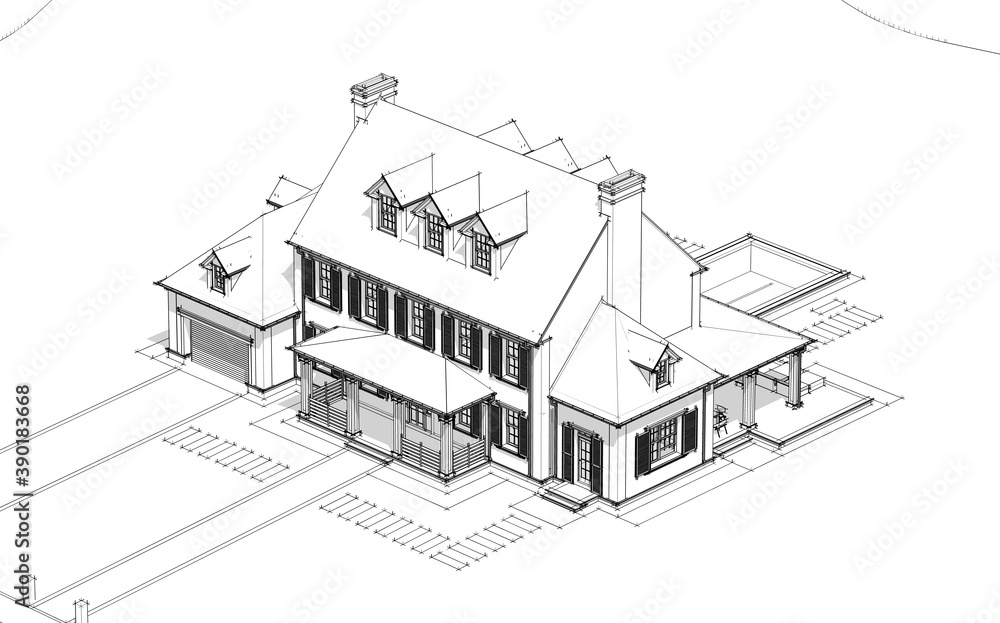 3d rendering of modern cozy classic house in colonial style with garage and pool for sale or rent with beautiful landscaping on background Black line sketch with soft light shadows on white background