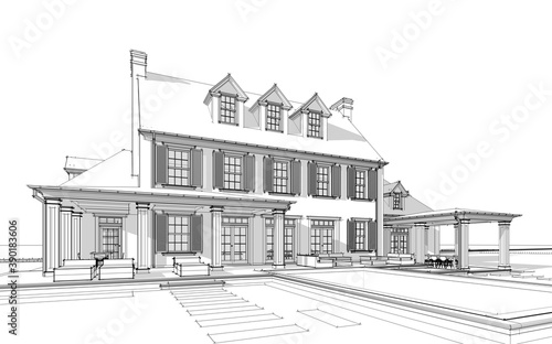 Fototapeta Naklejka Na Ścianę i Meble -  3d rendering of modern cozy classic house in colonial style with garage and pool for sale or rent with beautiful landscaping on background Black line sketch with soft light shadows on white background