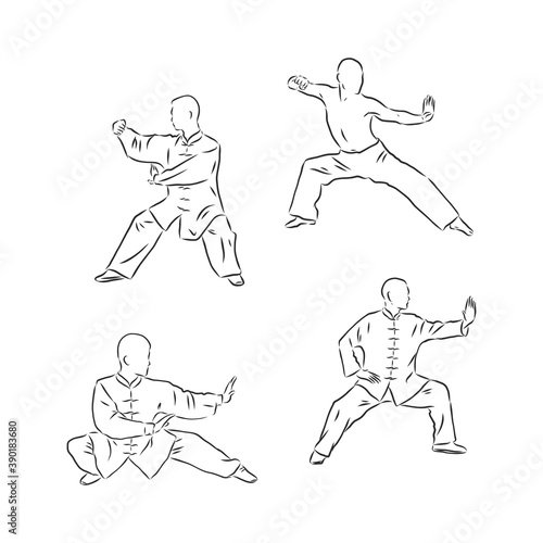 Chinese vector shaolin monk in kung fu pose, wearing an orange traditional dress with hand drawn kung fu lettering. kung fu fighter vector sketch illustration