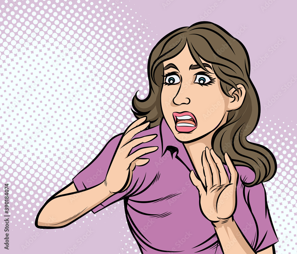 Woman panicked, frightened, shocked. Pop art retro hand drawn style vector design illustrations. Woman panicked, frightened, shocked. Pop art retro hand drawn style vector design illustrations.