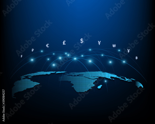 Network icon currency and business international money transfer illustration blue background