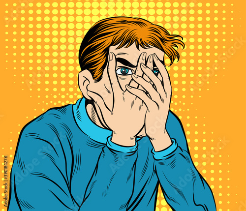 Man panicked, frightened, shocked. Pop art retro hand drawn style vector design illustrations.