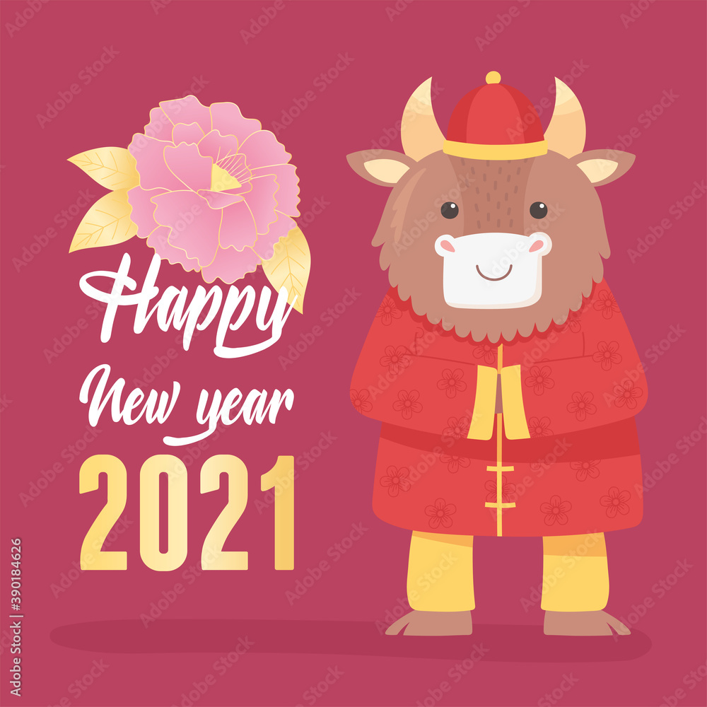 happy new year 2021 chinese, greeting card with ox and flower happy new year 2021 chinese, greeting card with ox and flower