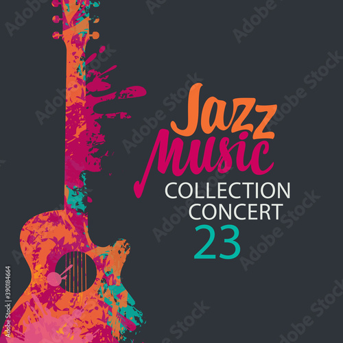Poster for a jazz music concert with a bright abstract guitar and lettering on the black background in retro style. Suitable for vector banner, flyer, invitation, advertisement, cover, ticket