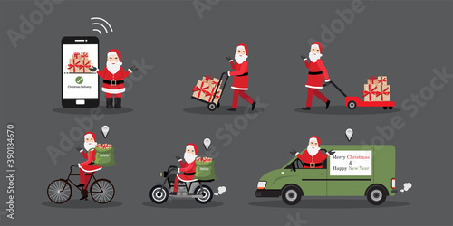 Christmas delivery service by truck , car, motorbike and bicycle or Christmas shopping online vector illustration