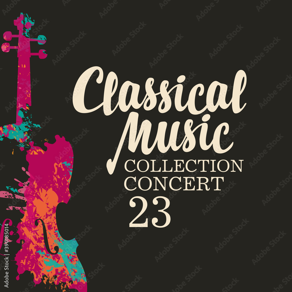 Poster of a classical music concert. Vector poster, flyer, invitation, ticket or advertising banner with an abstract violin in the form of bright paint spots and splashes on the black background Poster of a classical music concert. Vector poster, flyer, invitation, ticket or advertising banner with an abstract violin in the form of bright paint spots and splashes on the black background