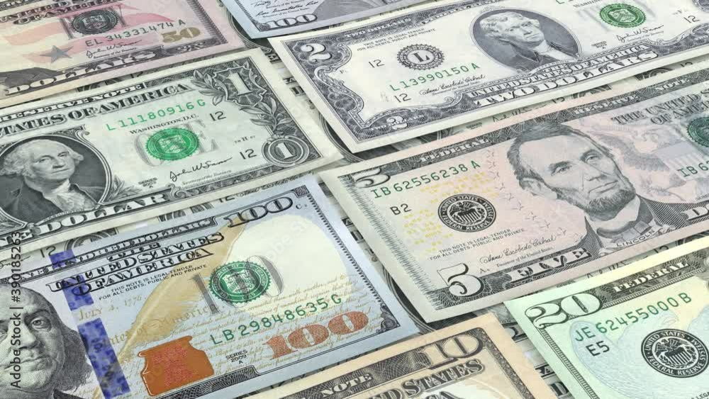 USA dollars bills. Money banknotes background. U.S. 100, 50, 20, 10, 5, 2, 1 bills. Seamless loop USA dollars bills. Money banknotes background. U.S. 100, 50, 20, 10, 5, 2, 1 bills. Seamless loop
