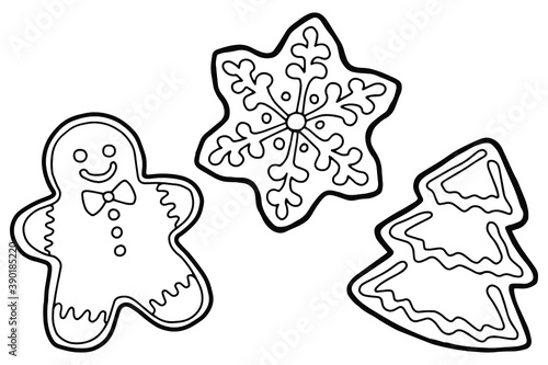 Vector illustration. Hand drawing Christmas art. Festive decorations. Coloring page. Minimalistic line art. Gingerbread.