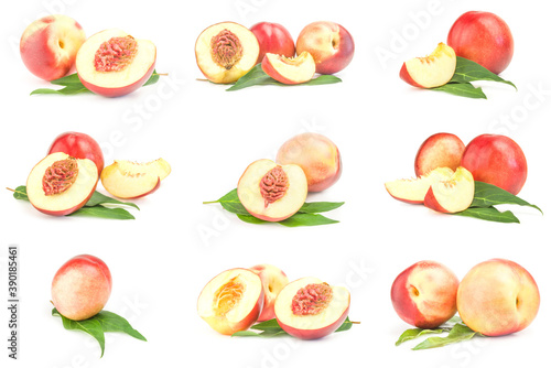 Collage of isolated peaches isolated over a white background