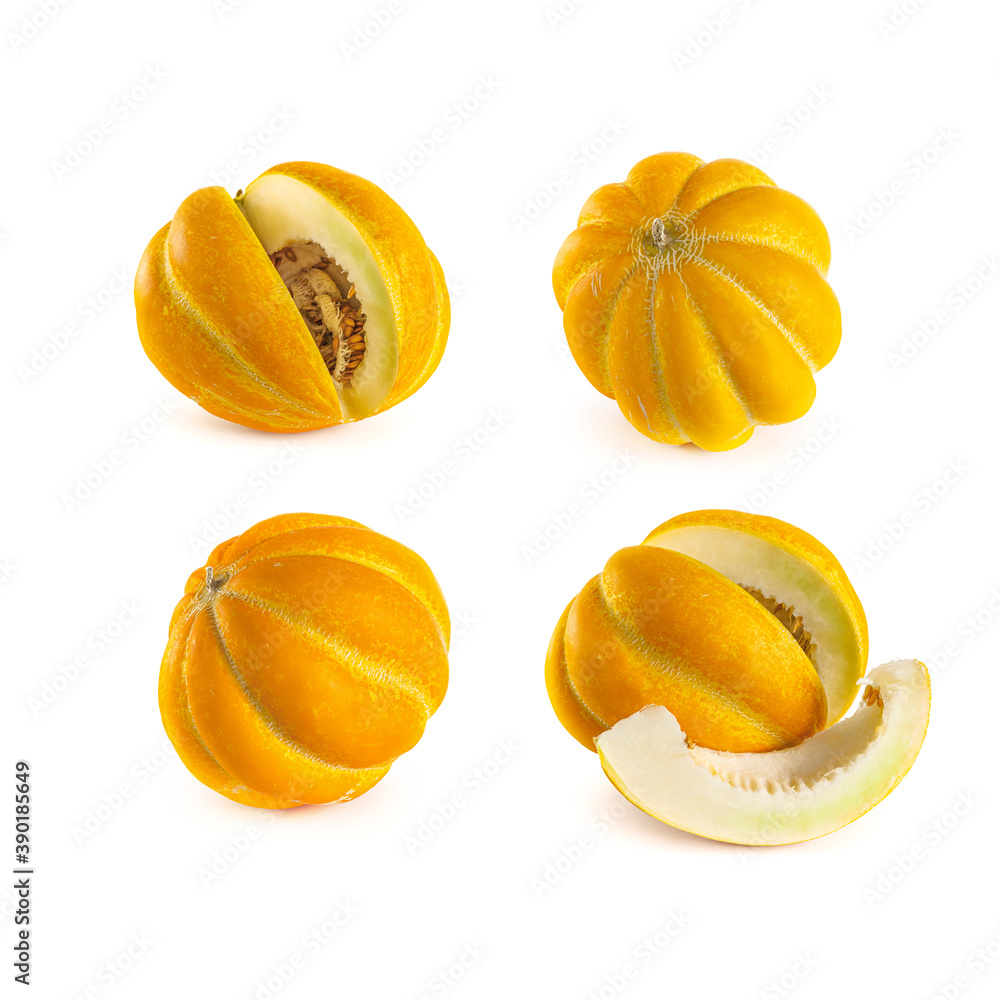 Yellow ripe Ethiopian melon with a cut piece including seeds isolated on a white background. Yellow ripe Ethiopian melon with a cut piece including seeds isolated on a white background.