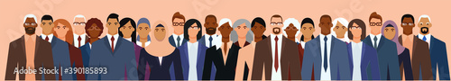 Crowd of businesspeople of diverse age and ethnicity in formal suits. Flat design vector illustration.