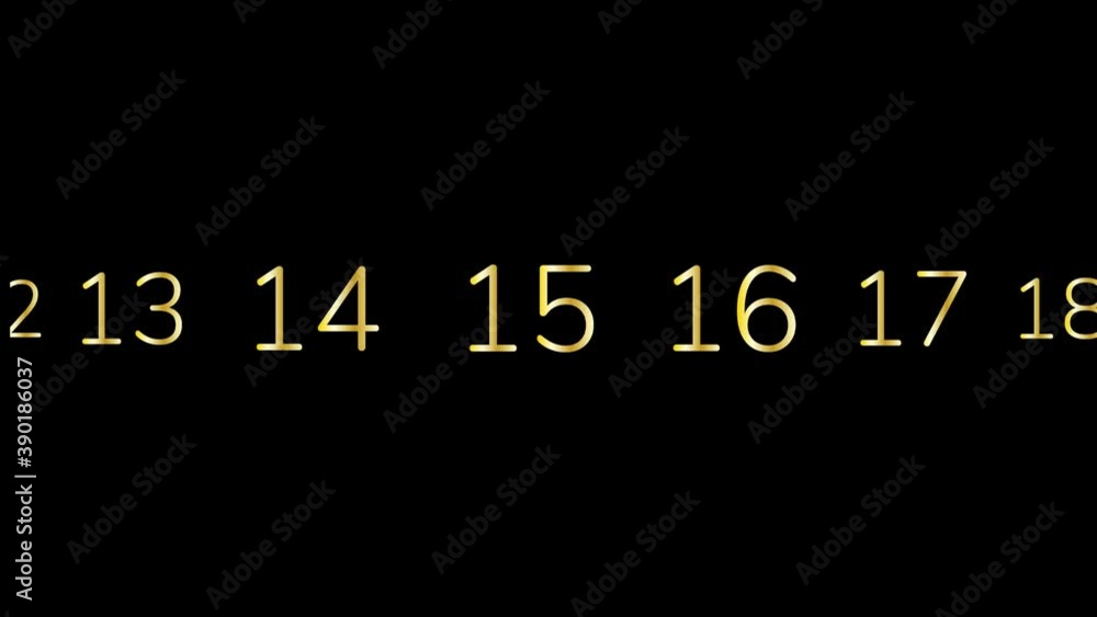 2021. Horizontal counter starts from one and when it reaches 20 and 21 these numbers are framed and the inscription Happy New Year appears. Golden numbers on black background. 2021. Horizontal counter starts from one and when it reaches 20 and 21 these numbers are framed and the inscription Happy New Year appears. Golden numbers on black background.