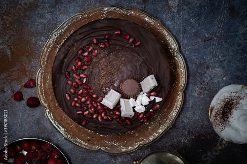 Chocolate cranberry tart and elegant tea set