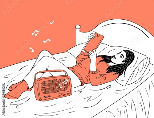 The girl lies in bed, looks at the tablet and listens to music on the radio. Black outline, stock vector illustration in cartoon style, for design and decoration. Baner, poster, background.