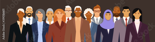 Crowd of businesspeople of diverse age and ethnicity in formal suits. Flat design vector illustration.