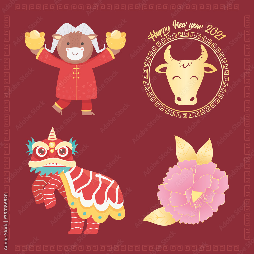 happy new year 2021 chinese, ox, dragon, flower icons happy new year 2021 chinese, ox, dragon, flower icons