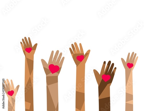 charity illustration, hands raised up, holding hearts symbols, isolated on white background