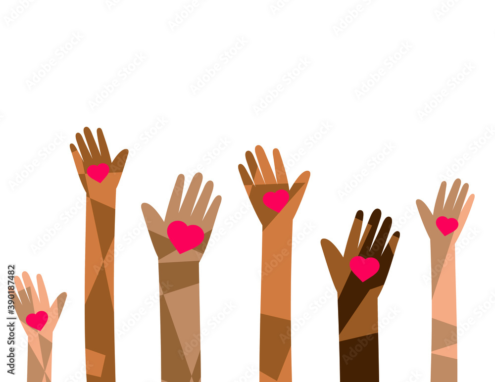 Fototapeta premium charity illustration, hands raised up, holding hearts symbols, isolated on white background