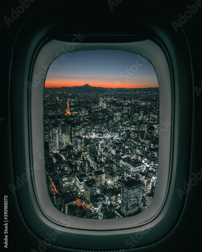 Aerial view of Tokyo cityscape seen through airplane window