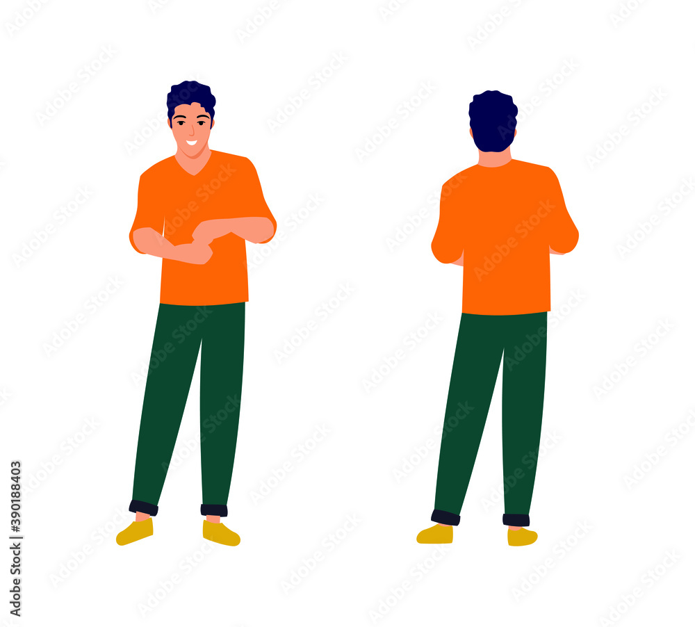 Young man stands, front and back view, isolated figure on white background. Flat design illustration of a guy. Young man stands, front and back view, isolated figure on white background. Flat design illustration of a guy.