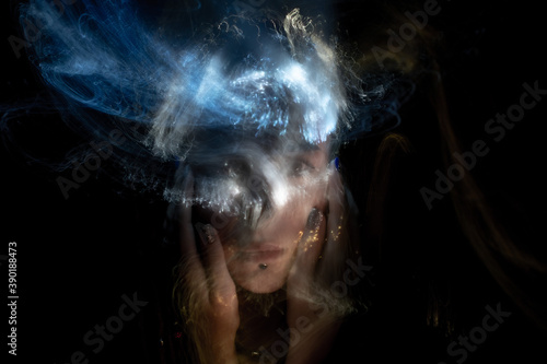 lightpainting portrait, new art direction, , light drawing at long exposure