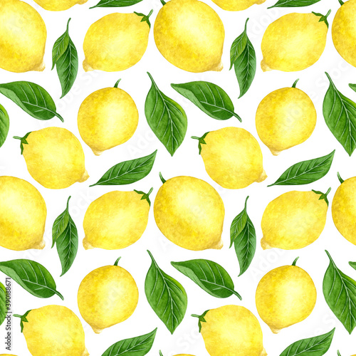 Watercolor lemon seamless patten. Hand drawn lemon tree fruits, leaves.
