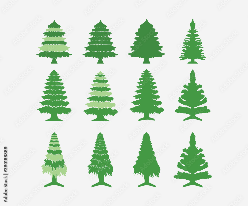 Set of Christmas tree vector icon. Vector illustration with green New Year tree and multi-colored gifts with bows object isolated on a white background. Illustration Vector Icon Symbol Design.
