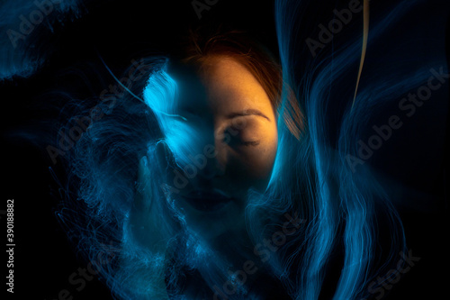 lightpainting portrait, new art direction, , light drawing at long exposure