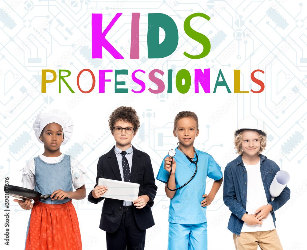 multicultural children in costumes of different professions near kids professionals lettering on white multicultural children in costumes of different professions near kids professionals lettering on white