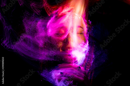 lightpainting portrait, new art direction, , light drawing at long exposure