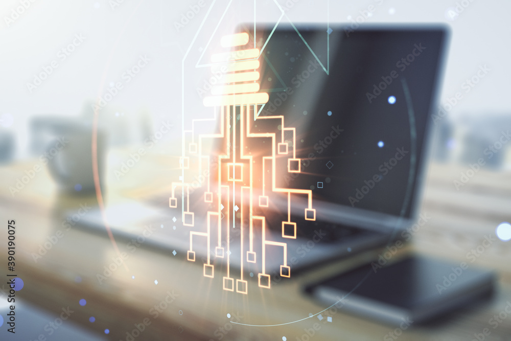 Double exposure of creative light bulb hologram with chip and modern desktop with laptop on background, idea and brainstorming concept Double exposure of creative light bulb hologram with chip and modern desktop with laptop on background, idea and brainstorming concept