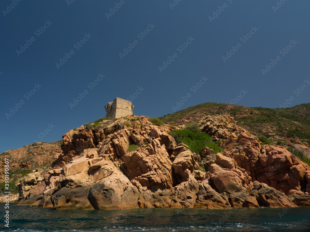 Landscape from the sea in the Porto bay with the Genoese tower
