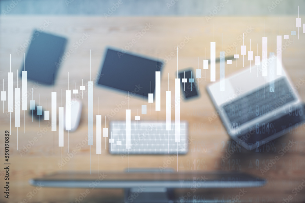Abstract creative financial graph on modern laptop background, forex and investment concept. Multiexposure Abstract creative financial graph on modern laptop background, forex and investment concept. Multiexposure