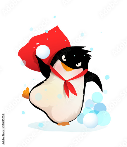 Angry penguin throwing snowballs, aiming and playing with snow. Kids and nursery winter joy and fun animal illustration, vector cartoon in watercolor style.