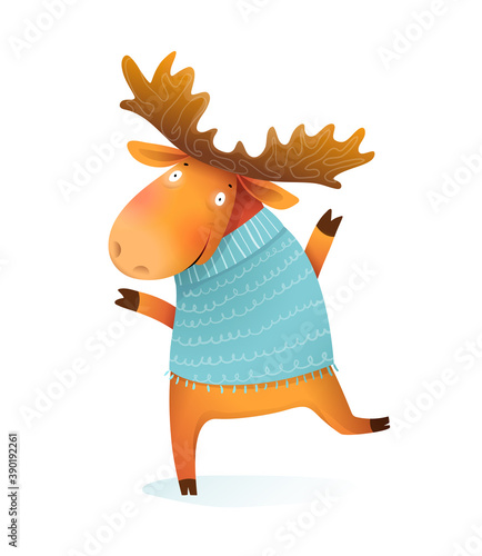 Cheerful kids moose or elk wearing knitted sweater, wintertime and Christmas Kids greeting card character. Kids isolated animal illustration, vector cartoon in watercolor style.