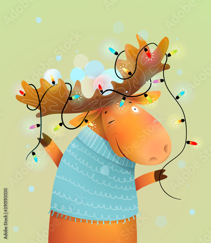 Christmas moose or reindeer with lights on antlers decorated for merry holiday. Kids and nursery winter animal illustration, vector cartoon in watercolor style.