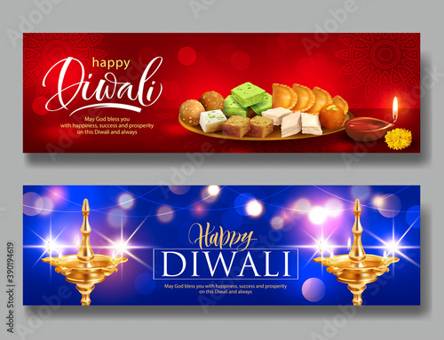 Diwali greeting banners with golden diyas (oil lamps) and traditional indian sweets – laddu, gulab jamun, gujiya, halwa, barfi. Vector set. 