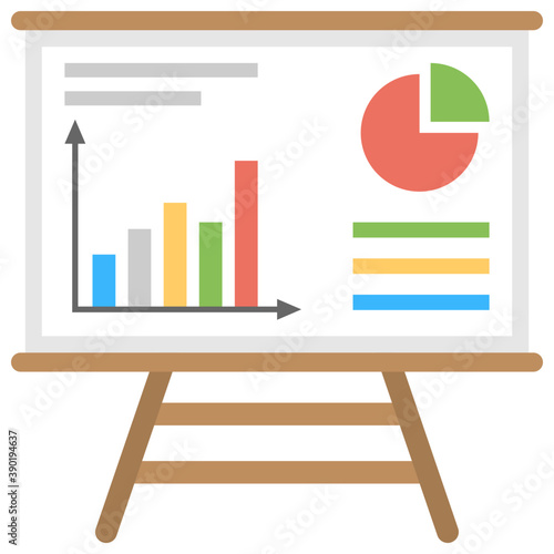 
Presentation whiteboard with market data and statistics, flat vector icon of presentation.
