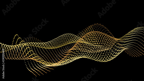 An abstract stream of golden radiance flying in outer space through galaxies and orbits. Star clusters networks.
