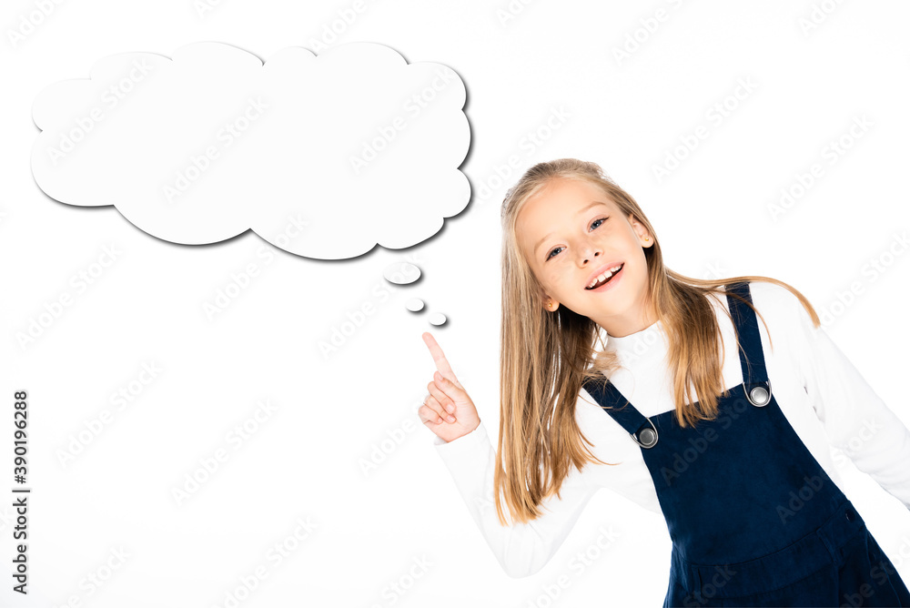 schoolgirl pointing at empty thought bubble illustration isolated on white schoolgirl pointing at empty thought bubble illustration isolated on white