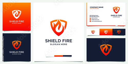 Modern shield fire logo and business card