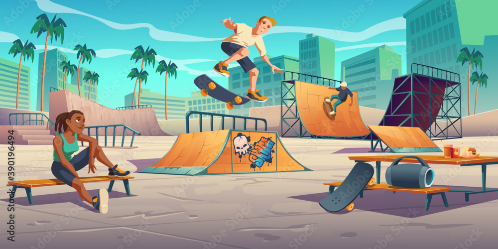 Obraz premium Teenagers in skate park, rollerdrome perform skateboard jumping stunts on quarter and half pipe ramps. Extreme sport, graffiti, youth urban culture and teen street activity Cartoon vector illustration