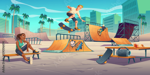 Teenagers in skate park, rollerdrome perform skateboard jumping stunts on quarter and half pipe ramps. Extreme sport, graffiti, youth urban culture and teen street activity Cartoon vector illustration