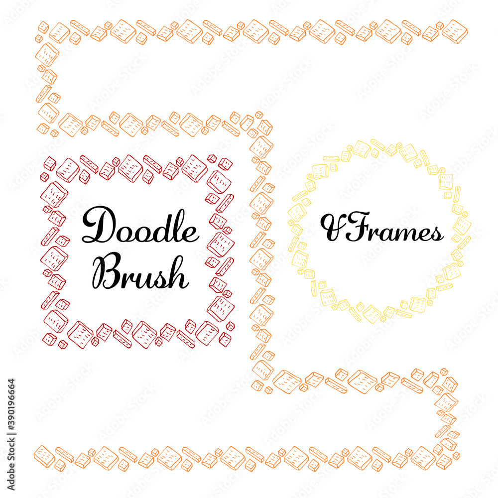Vector round and square frames and hand drawn brush for them. Vector isolated illustration. Brush is included in eps.