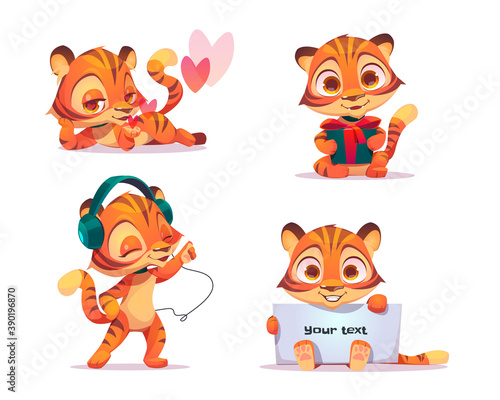 Cute baby tiger character in different poses. Vector set of cartoon chat bot  funny kitten flirts  listen music in headphones  holding gift box and white banner. Creative emoji set  animal mascot