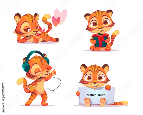 Cute baby tiger character in different poses. Vector set of cartoon chat bot, funny kitten flirts, listen music in headphones, holding gift box and white banner. Creative emoji set, animal mascot