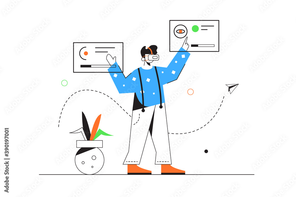Guy in virtual glasses dealing with files on virtual flying displays isolated on white background, flat vector illustration Guy in virtual glasses dealing with files on virtual flying displays isolated on white background, flat vector illustration
