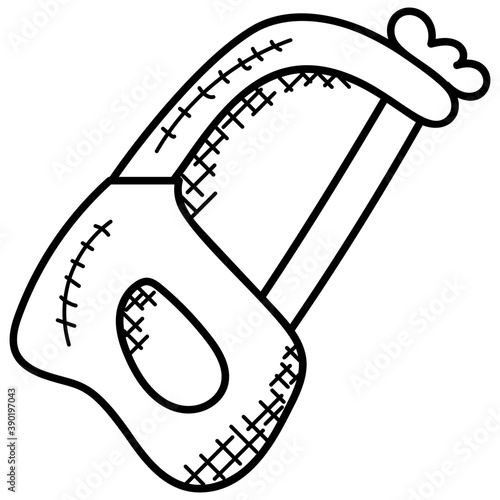 
A hand saw, with sharp blade and a wooden handle used to cut strong materials 
